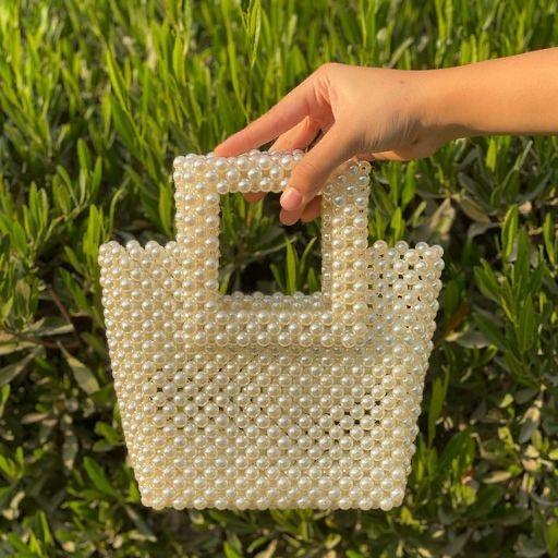 Square Handle Classic Beaded White Pearl Handbag