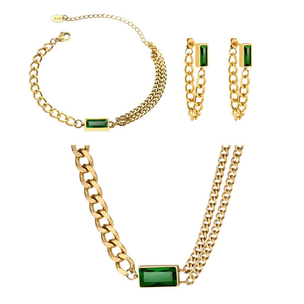 Emerald Gold Chain Set - Bracelet , Earring & Necklace