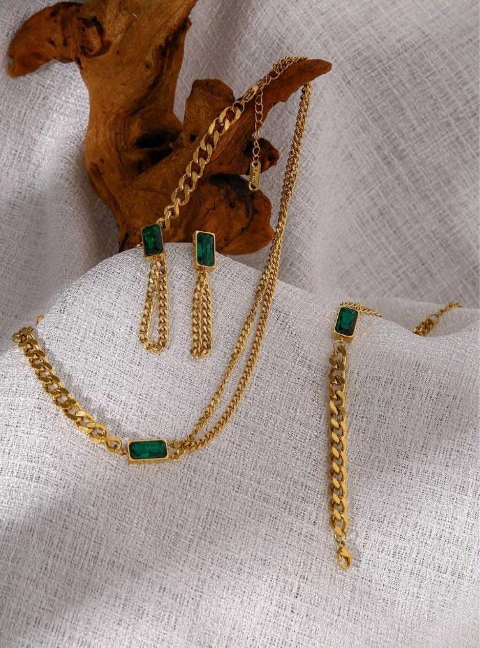 Emerald Gold Chain Set - Bracelet , Earring & Necklace