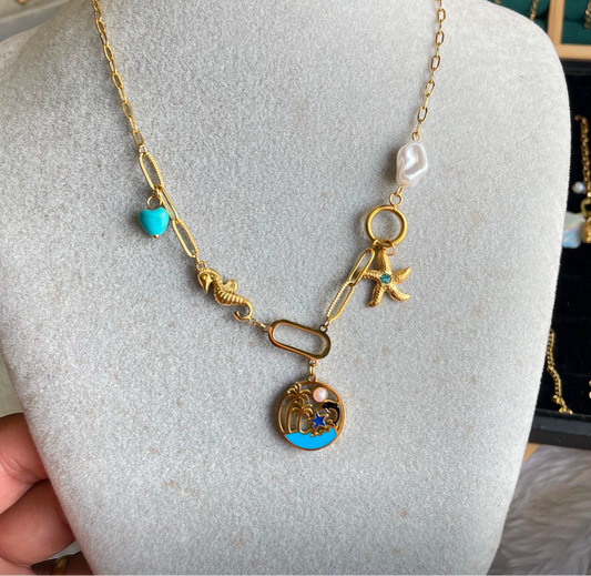 Turquoise Beach Charm & Pearl Necklace