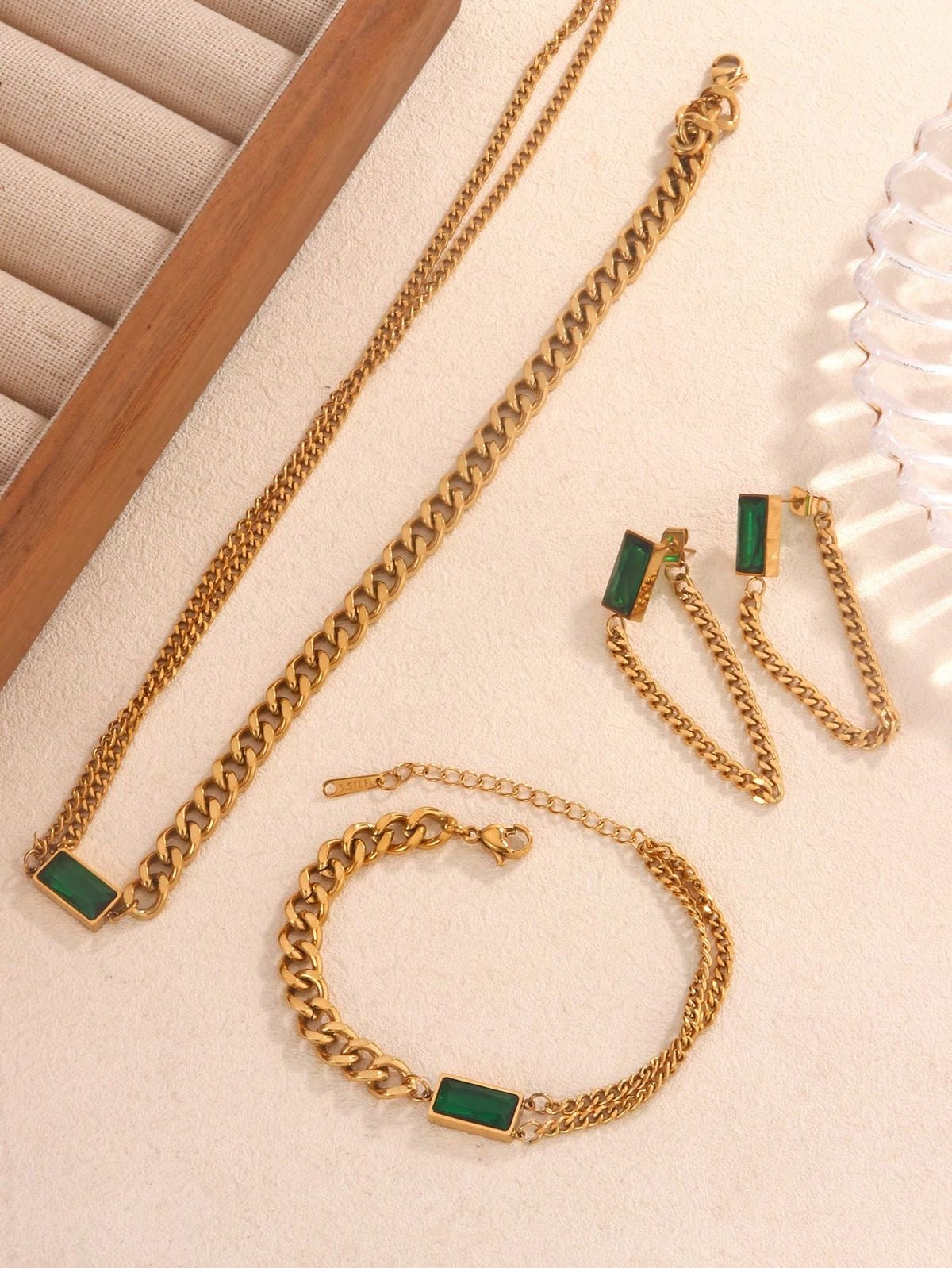 Emerald Gold Chain Set - Bracelet , Earring & Necklace